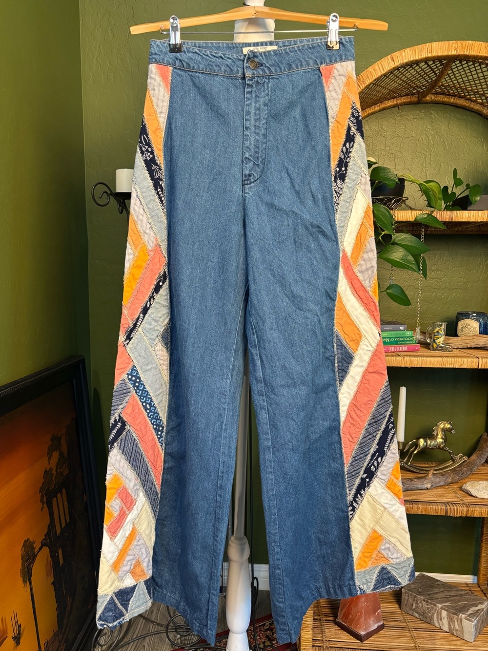 Free People High Rise Flare Stick By Your Side Jeans Quilt Patchwork Side Panel